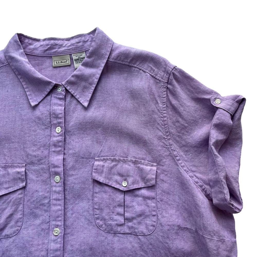 L.L. Bean Women’s 2X Purple Chambray 100% Linen Button Front Short Sleeve Shirt - Picture 1 of 12